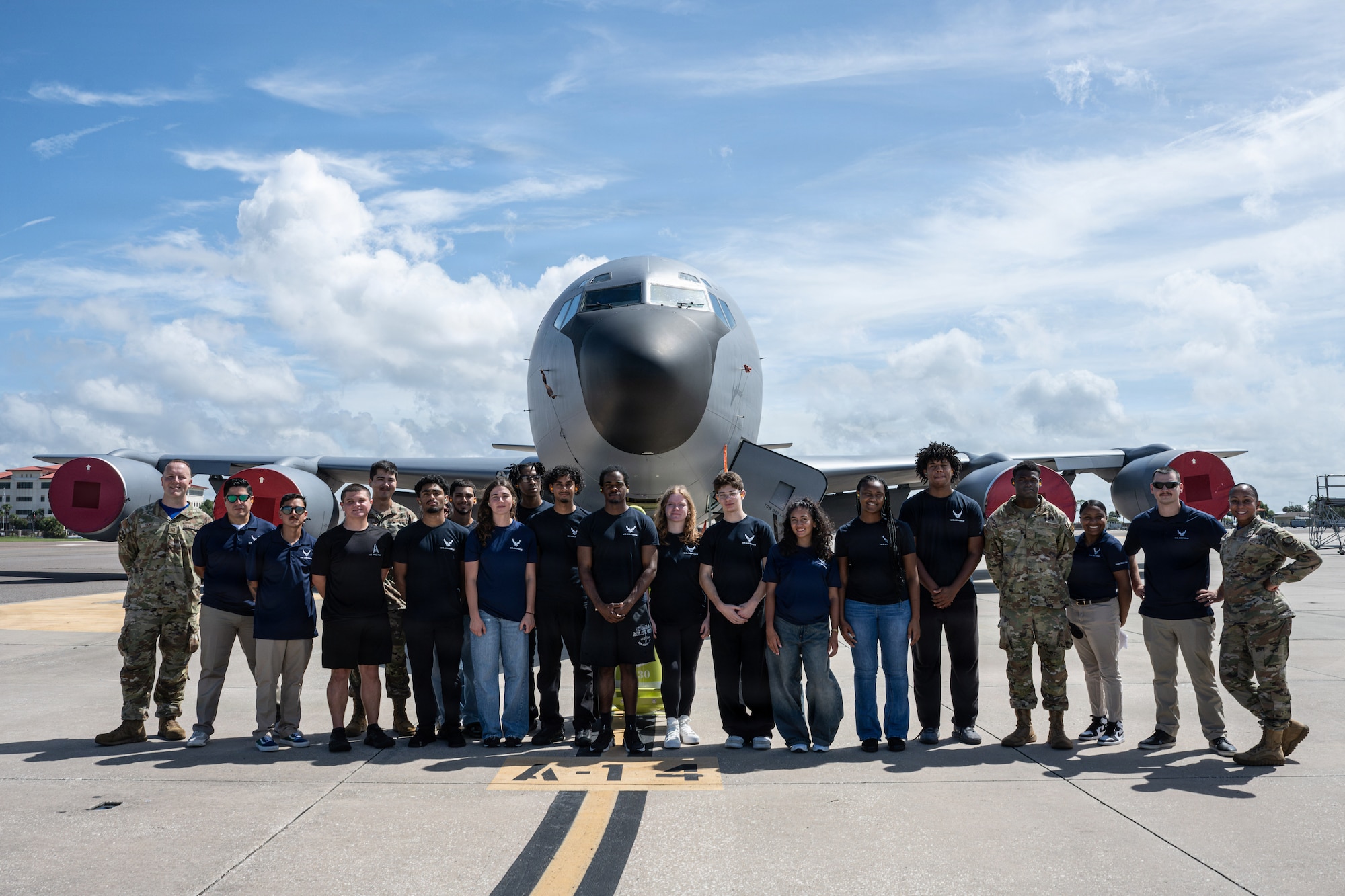 Delayed entry program participants and 6th Aircraft Maintenance Squadron Airmen pose in front of a KC-135 Stratotanker at MacDill Air Force Base, Florida, Aug. 7, 2026. DEP recruits were introduced to Air Force career fields firsthand and had the opportunity to learn directly from the Airmen who perform these missions. (U.S. Air Force photo by Airman 1st Class Helen Ly)