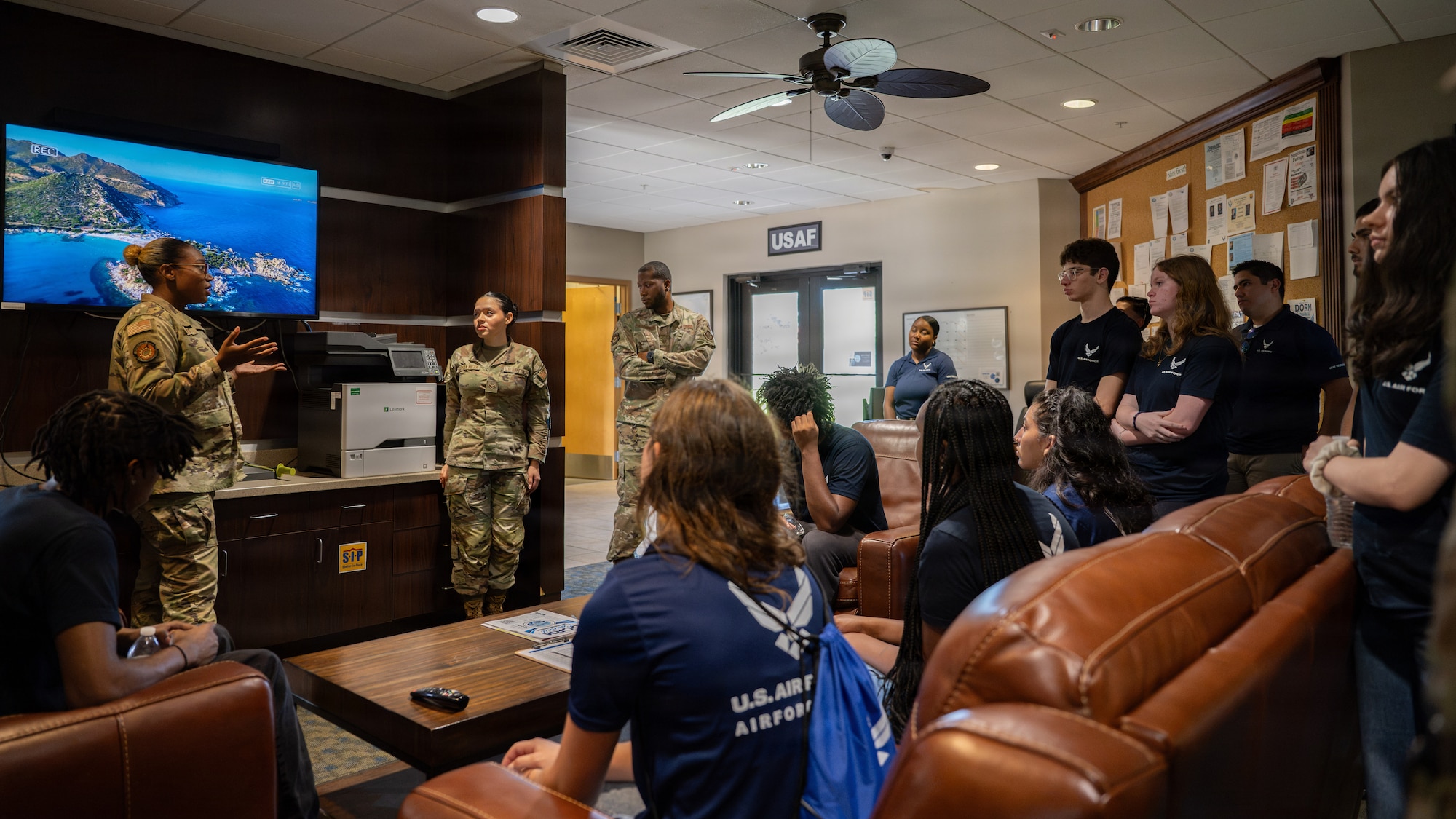 U.S. Air Force Staff Sgt. Nicole King, 6th Civil Engineer Squadron Airman dorm leader, briefs delayed entry program participants about living in the dormitories at MacDill Air Force Base, Florida, Aug. 7, 2026. DEP participants toured MacDill AFB to learn about various Air Force career fields and gain firsthand insight into what to expect as future Airmen. (U.S. Air Force photo by Airman 1st Class Helen Ly)