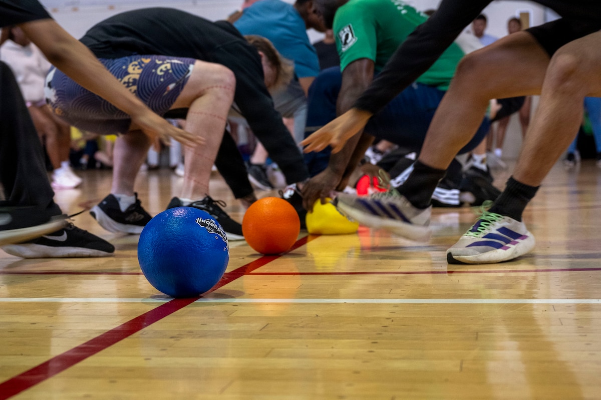 Airmen assigned to the 35th Fighter Wing race for dodgeballs during Wing Sports Day at Misawa Air Base, Japan, Sept. 3, 2026.