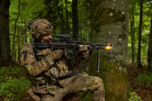 A U.S. Soldier assigned to the 173rd Mobile Brigade Combat Team (Airborne), engages simulated enemy forces during exercise Saber Junction 26 at the Hohenfels Training Area, Joint Multinational Readiness Center, Germany, Sept. 3, 2026. 7th Army Training Command provides a unique environment in Europe to develop leaders and formations who are prepared for large-scale combat operations, improving readiness. (U.S. Army Photo by SPC. Kaleb Lampkin)