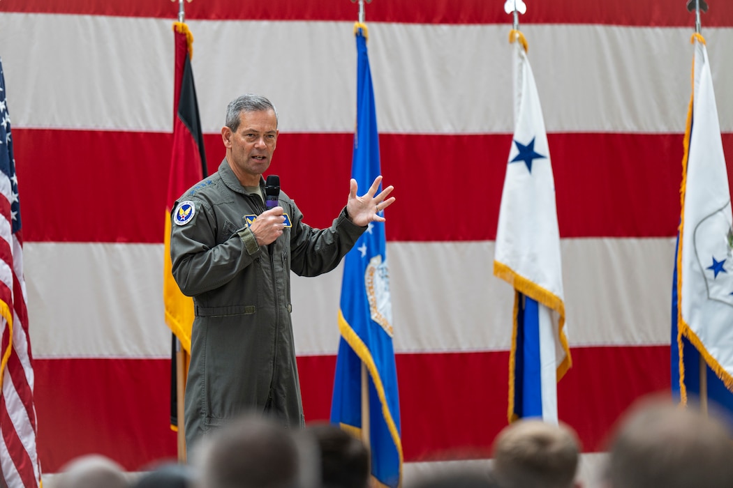 Air Force Chief of Staff Gen. Ken Wilsbach addresses Airmen during an all call.