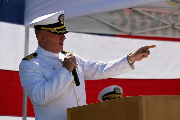 Capt. George Brand delivers his initial remarks after assuming command of the Naval Expeditionary Medicine Warfighter Development Center aboard Marine Corps Base Camp Pendleton, California, Sept. 3, 2026. Brand, a Nurse Corps officer with extensive operational background, highlighted the command's role as the "forge" of Navy Medicine, transforming clinical skills into combat-ready medical forces designed for distributed maritime operations. (U.S. Navy photo by Arsenio R. Cortez Jr.)