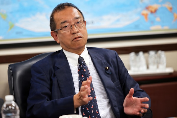 Jun Tsushima, state minister of the Cabinet Office of Japan, speaks about the critical importance of developing shipboard medical capabilities to support emergency care in Japan during a maritime medical roundtable at Naval Medical Forces Pacific headquarters in San Diego, Aug. 25, 2026. Tsushima discussed Japan’s need to develop afloat hospital capabilities to support disaster relief and regional contingency response operations. (U.S. Navy photo by Arsenio R. Cortez Jr.)