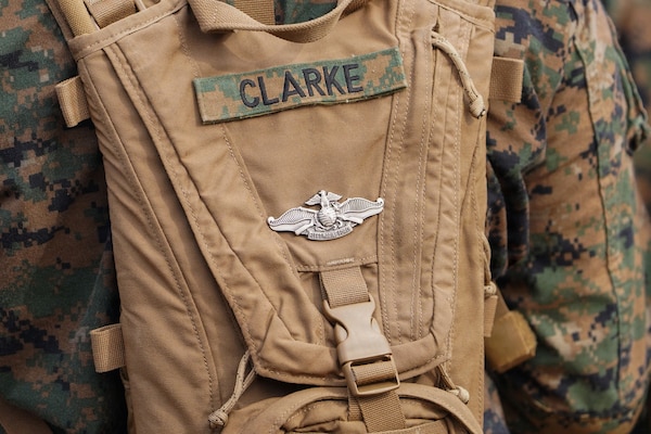 NAVAL STATION GUANTANAMO BAY, Cuba (Aug. 26, 2026) — The Fleet Marine Force enlisted warfare specialist device worn by U.S. Navy Hospital Corpsman 3rd Class Cameron Alexander Clarke, assigned to Joint Task Force-Southern Guard’s Task Force Secure, is displayed during a training evolution at Naval Station Guantanamo Bay, Cuba. Clarke earned the qualification after more than a year of sustained training and study while serving alongside Marines, an achievement he considers one of the proudest of his Navy career. (U.S. Army photo by Spc. Daymien Robinson)