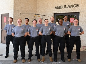 JACKSONVILLE, Fla. (Sept. 4, 2026) Listed in no particular order: Hospital Corpsman 3rd Class Cheyanne Carpenter, Hospitalman Anthony Flores, Hospital Apprentice Robert Head, Hospital Corpsman 3rd Class Mary Liggett, Hospital Corpsman 3rd Class Brannen Maxfield, Hospitalman Evelyn Stratton, Hospitalman John Waggoner, Hospitalman Sage Waldorf, Hospitalman Azure Wedderburn, and Hospital Corpsman 2nd Class Daniel Yonoff successfully graduated from the Naval Hospital Jacksonville Emergency Medical Technician (EMT) Program. The program helps motivated corpsmen complete the steps required to earn National Registry of Emergency Medical Technicians (NREMT) certification. (U.S. Navy photo by Julie Lucas)