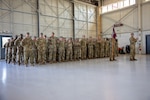 Soldiers assigned to Charlie Company, 1-111th General Support Aviation Battalion, Georgia Army National Guard, stand in formation during the unit’s deployment ceremony at Barrow County Airport, Winder, Georgia, Aug. 14, 2026.