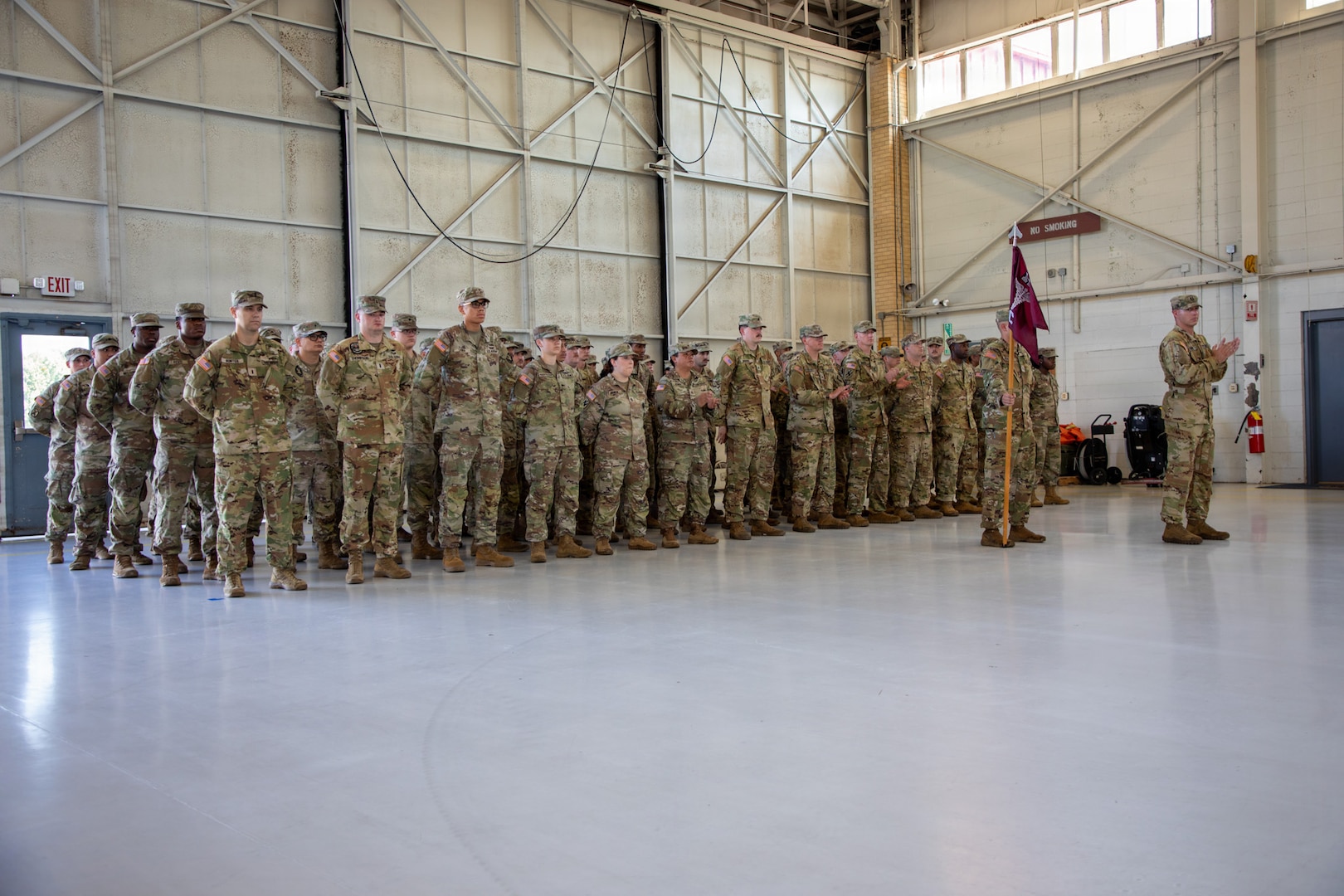 Soldiers assigned to Charlie Company, 1-111th General Support Aviation Battalion, Georgia Army National Guard, stand in formation during the unit’s deployment ceremony at Barrow County Airport, Winder, Georgia, Aug. 14, 2026.