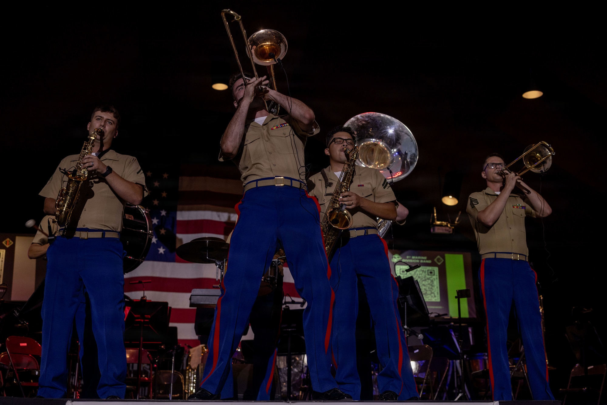 U.S. Marines with the 1st Marine Division Band perform during a concert at the Butterfield Amphitheater, Idyllwild, California, Aug. 20, 2026. The band’s performance at Idyllwild contributes to the band’s mission of providing musical support to the surrounding community and as a means of maintaining community relations. (U.S. Marine Corps photo by Cpl. Stella Tedesco)