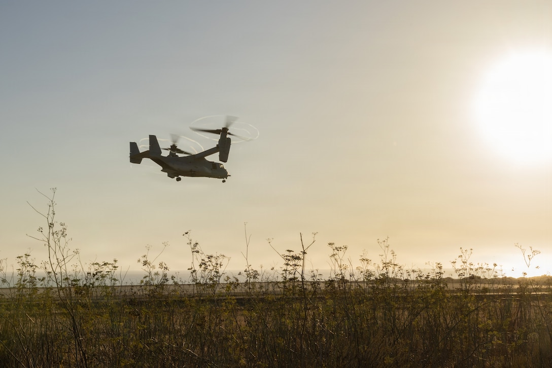 A U.S. Marine Corps MV-22B Osprey assigned to Marine Medium Tiltrotor Squadron (VMM) 364 (Reinforced), 13th Marine Expeditionary Unit, transits to the forward arming and refueling point at Marine Corps Base Camp Pendleton, California, Aug. 22, 2026. The 13th MEU and the Makin Island Amphibious Ready Group are underway and conducting routine operations in the U.S. 3rd Fleet area of operations to enhance their combined Navy-Marine Corps readiness and lethality. (U.S. Marine Corps photo by Sgt. Martha Linares)