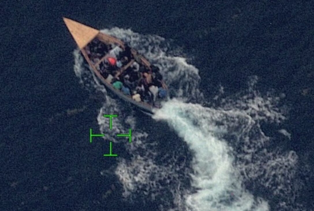 A makeshift vessel carrying 51 aliens just before being interdicted by the Coast Guard Cutter Joseph Doyle and a Customs and Border Protection aircrew in Mona Passage waters off Puerto Rico, Sept. 5, 2026. This interdiction is part of Coast Guard and Homeland Security Task Force San Juan Region partner efforts to combat human smuggling and deter unlawful maritime migration. (Courtesy photo)