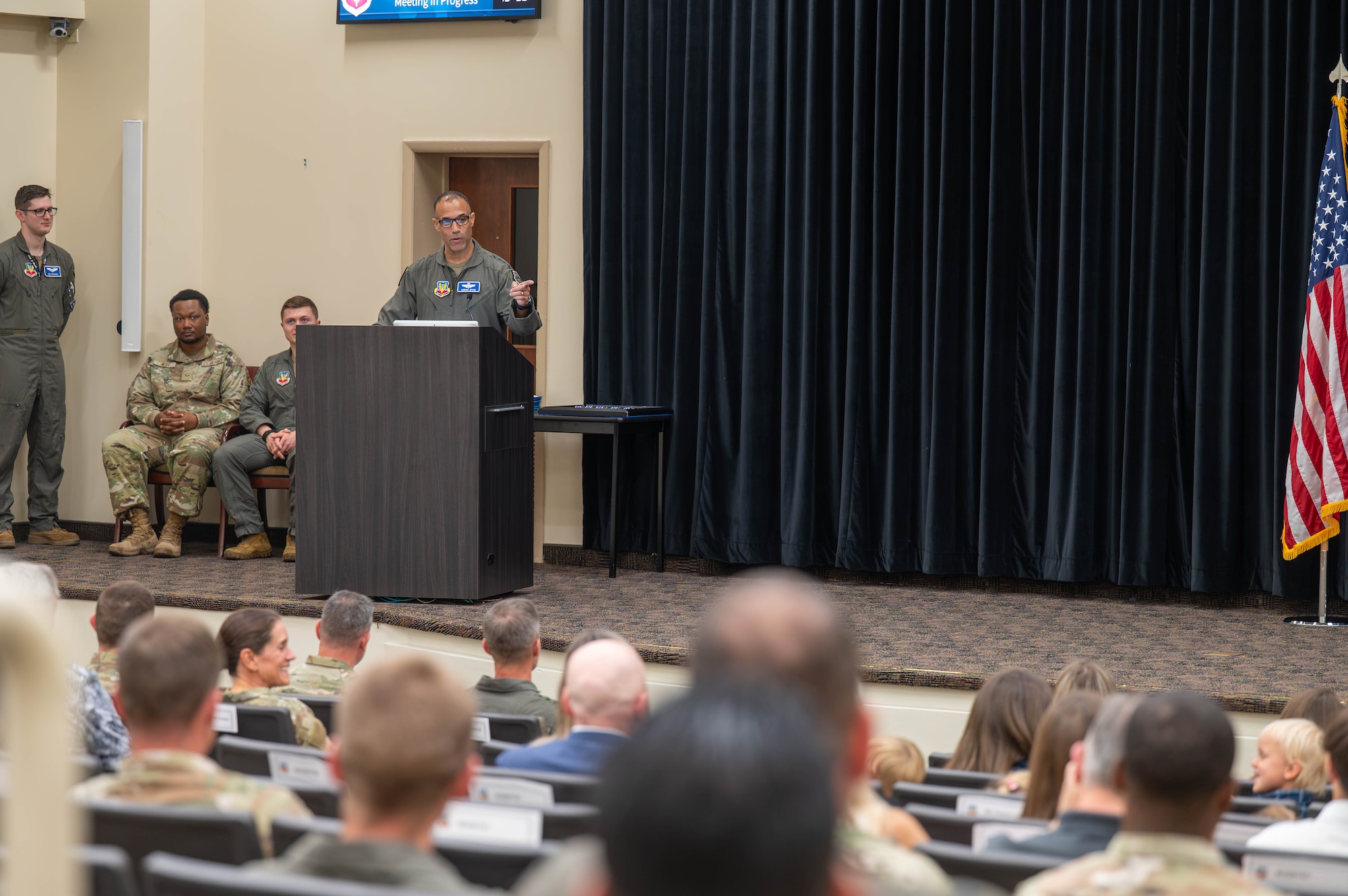LANGLEY AIR FORCE BASE, Va. -- U.S. Air Force Gen. Adrian Spain, commander of Air Combat Command, provides remarks during a Distinguished Flying Cross ceremony at Langley Air Force Base, Virginia, Aug. 31, 2026. Spain highlighted the efforts displayed by the six award recipients during military operations within the U.S. Central command area of responsibility. (U.S. Air Force Photo by Airman 1st Class Kaden Ciminnisi)