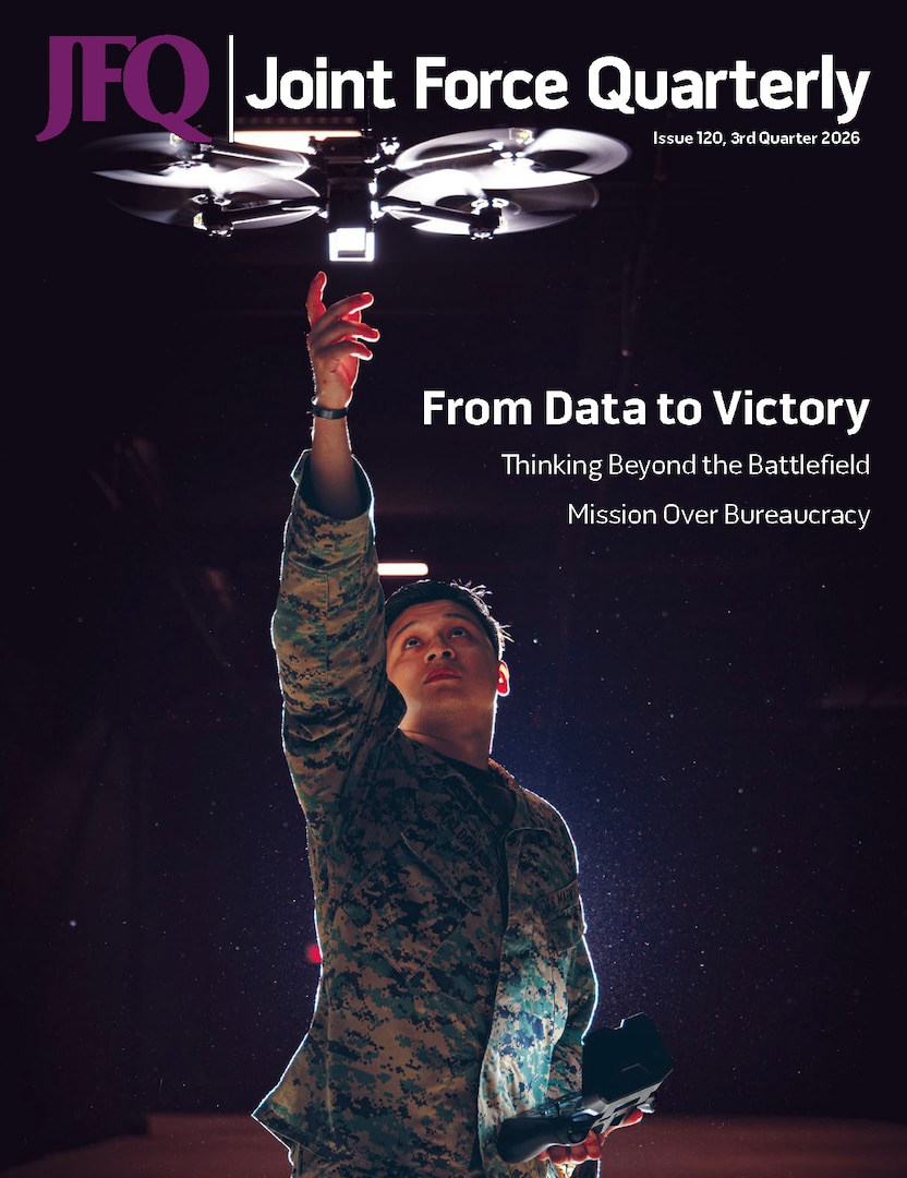 Cover of Joint Force Quarterly 120. Pictured is Lance Corporal Giancarlos Maldonado and a drone operator with Headquarters Company, 6th Marine Regiment, 2nd Marine Division, poses for a portrait with a Skydio X2D on Marine Corps Base Camp Lejeune, North Carolina, Nov. 21, 2025.