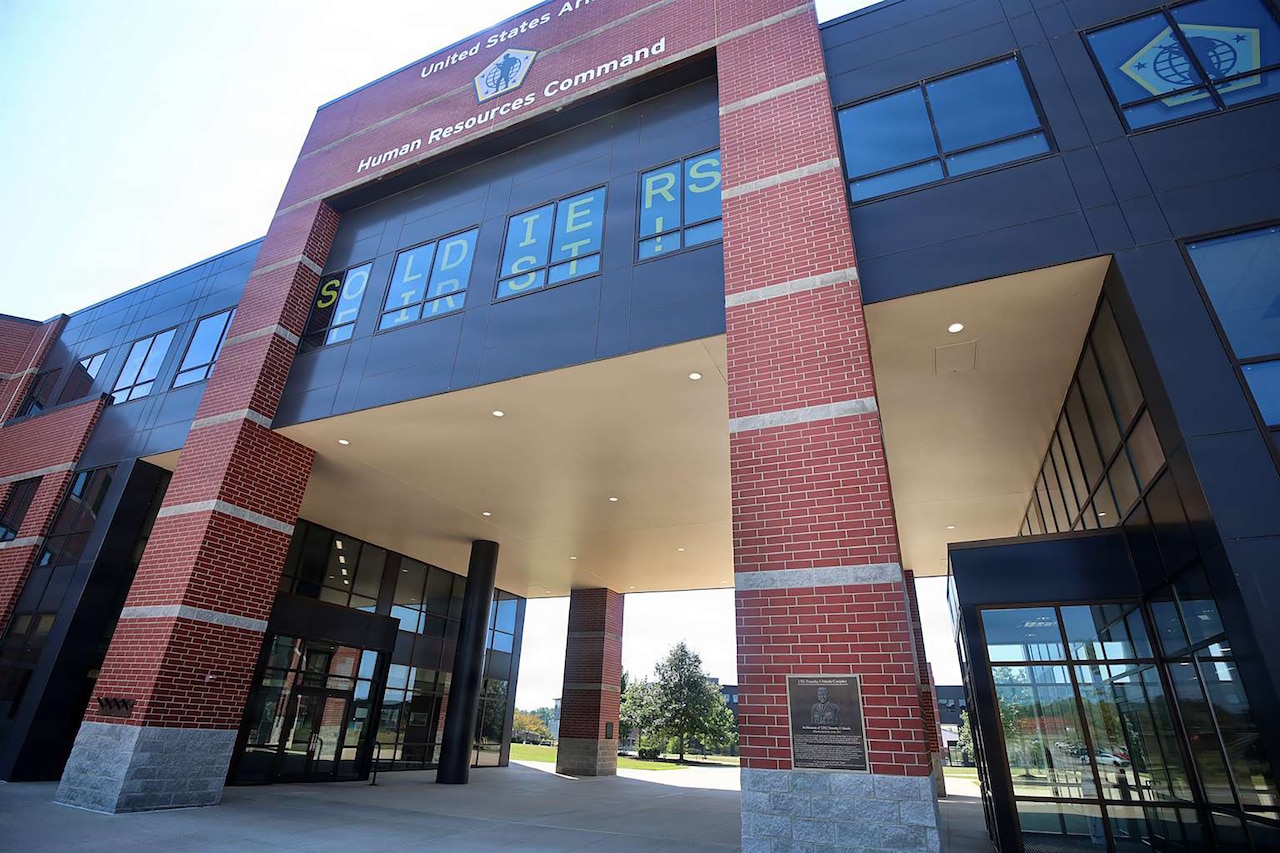 An upward picture of a large brick building that reads, "United States Army Human Resources Command."
