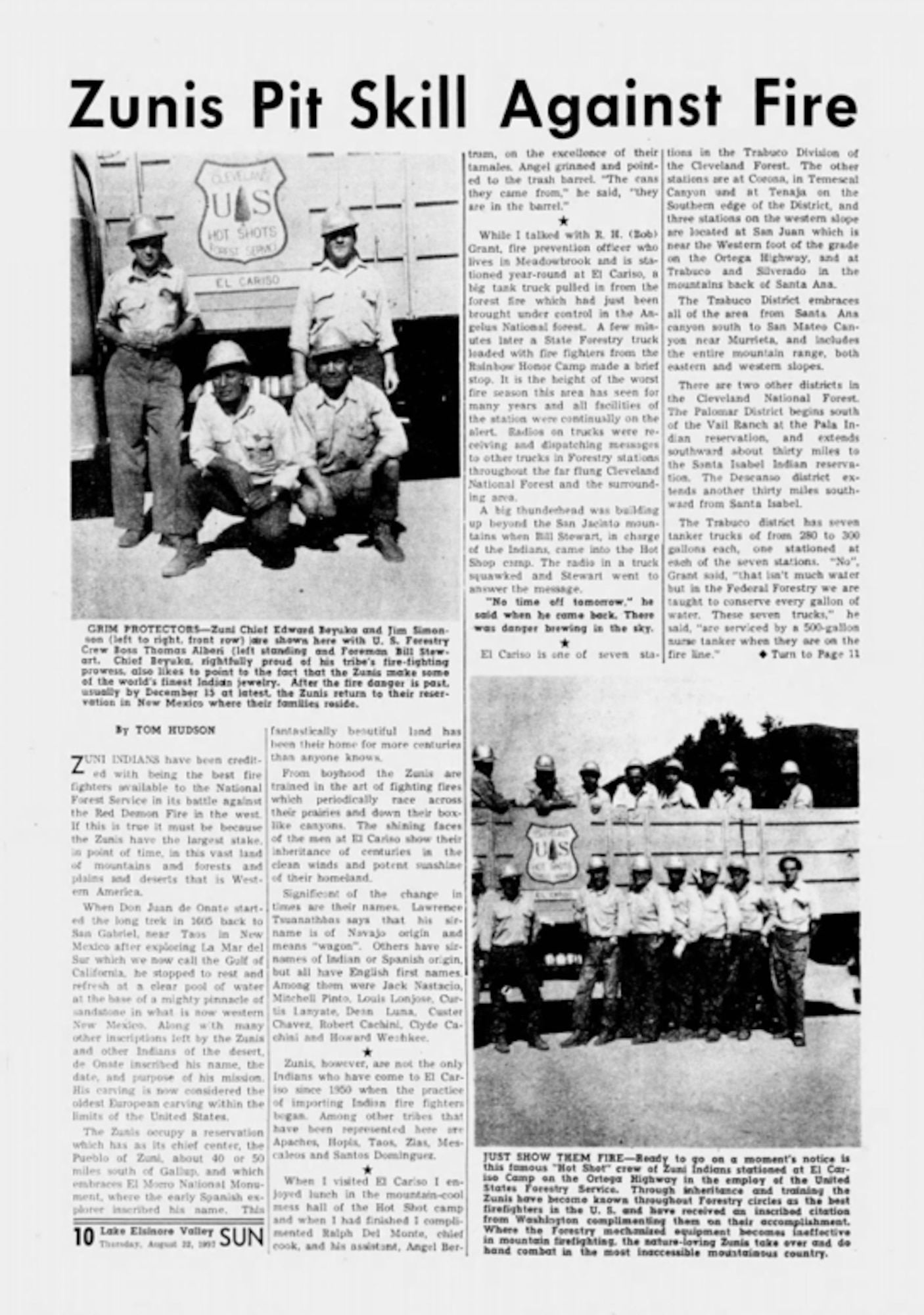 August 22, 1957: Zuni, NM Firefighters Hotshots, “Zunis Pit Skill Against Fire”, Lake Elsinore Valley Newspaper