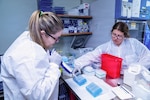 Technicians wearing white scrubs using syringes