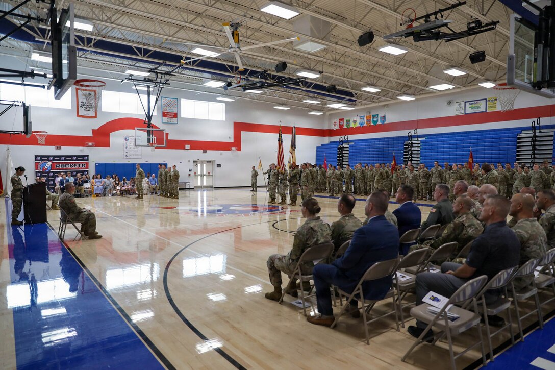 U.S. Army Lt. Col. Jennifer Watson, outgoing commander of the 1792nd Combat Sustainment Support Battalion, delivers remarks during a change of command ceremony at Jody Richards Elementary School in Bowling Green, Kentucky, Aug. 23, 2026.