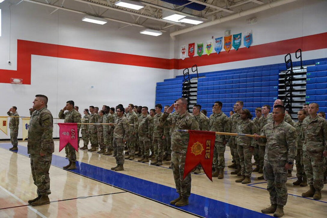 Soldiers assigned to the 1792nd Combat Sustainment Support Battalion stand in formation during a change of command ceremony at Jody Richards Elementary School in Bowling Green, Kentucky, Aug. 23, 2026.
