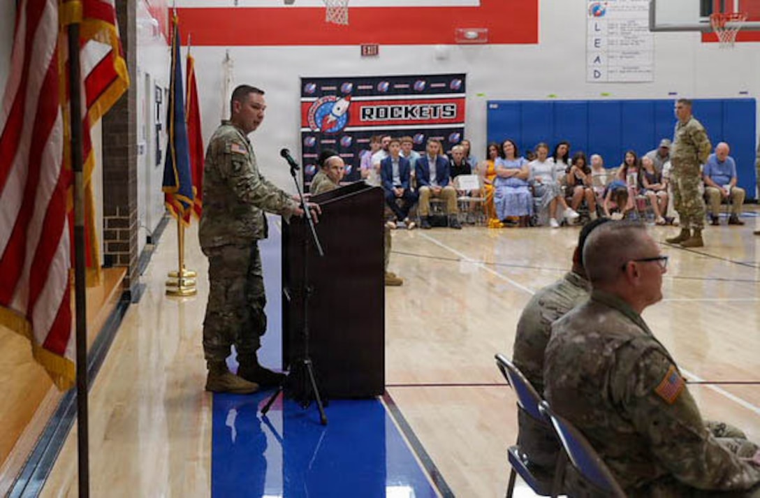 U.S. Army Maj. Anthony Moore addresses Soldiers, family members, and distinguished guests after assuming command of the 1792nd Combat Sustainment Support Battalion in Bowling Green, Kentucky, Aug. 23, 2026.