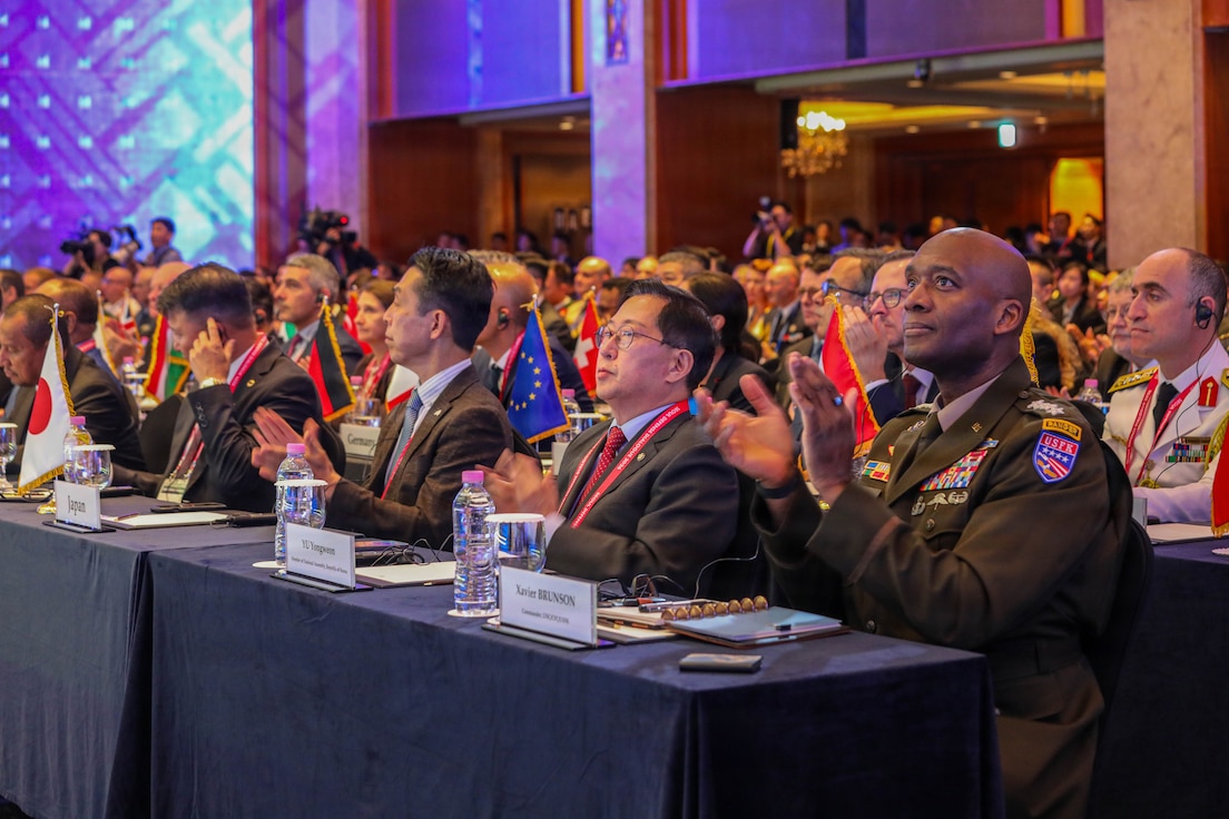U.S. Army Gen. Xavier T. Brunson applauds during the opening remarks of the Seoul Defense Dialogue in Seoul on Sept. 8, 2026. He is seated among other attendees as the event highlights international cooperation under the theme “Toward a New Coexistence in the Age of Turbulence.”