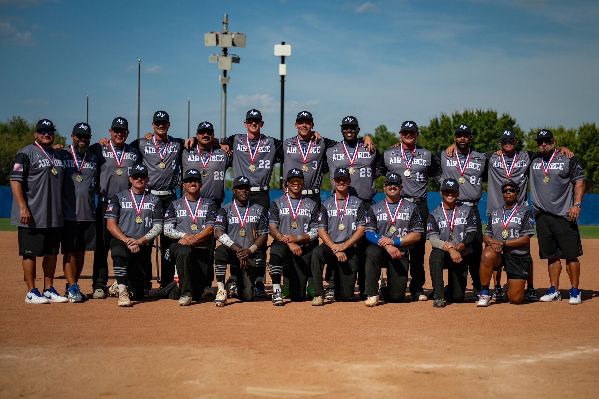 Group photo of men's Air Force softball team at Devon Park in Oklahoma city, Oklahoma, Aug. 29, 2026. (Courtesy photo provided by Staff Sergeant Jacob McDonald)