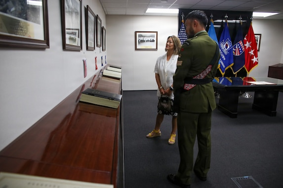 New Zealand Army Staff Sgt. Joe Lole, positioned in the front, briefs Ms. Jean Lee, standing in the back, on the historical background of the Korean War in the Armistice Room at United Nations Command Headquarters on Camp Humphreys, South Korea, on September 4, 2026.