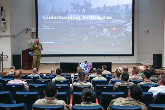 Australian Army Lt. Gen. Scott Winter, Deputy Commander of United Nations Command, gives opening remarks ahead of Ms. Jean Lee’s lecture on her experience as a journalist in North Korea for UNC staff in Paik Auditorium at UNC Headquarters on Camp Humphreys, South Korea, on September 4, 2026.