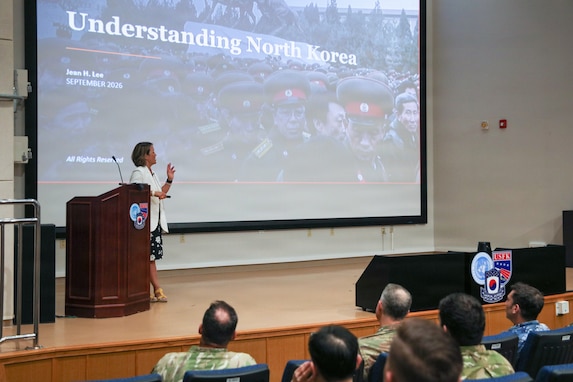 Ms. Jean Lee delivers a lecture about her experience as a journalist in North Korea to United Nations Command staff in Paik Auditorium at UNC Headquarters on Camp Humphreys, South Korea, on September 4, 2026.
