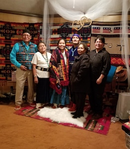 Senior Airman Jared Eugene Wyaco of the 342nd Training Squadron and his family are pictured at a family wedding ceremony on Nov. 10, 2018, in White Clay, Arizona. Wyaco shares his family’s historical ties to World War II to remind fellow Airmen that endurance is rooted in remembering who and what they serve for. (Yazzie, Angelena Wyaco, Jared Wyaco, Florine Beyuka, Tammy Wyaco, White Clay, AZ, November 10, 2018) (Courtesy photo)