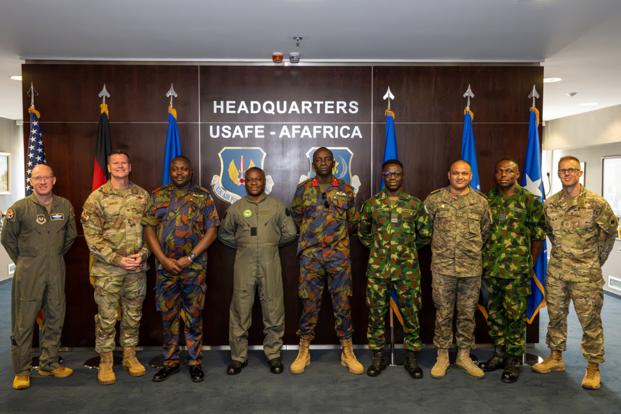 U.S. Air Force Lt. Gen. Jason T. Hinds, U.S. Air Forces in Europe – Air Forces Africa commander, and U.S. Air Force Chief Master Sgt. Joshua J. Wiener, USAFE-AFAFRICA command chief, pose for a group photo with the Association of African Air Forces representatives from Kenya, Nigeria and Tunisia during the AAAF planning conference