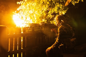 A U.S. Soldier assigned to the 1st Battalion, 4th Infantry Regiment, engages simulated enemy forces during exercise Saber Junction 26 at the Hohenfels Training Area, Joint Multinational Readiness Center, Germany, Sept. 5, 2026. 7th Army Training Command provides a unique environment in Europe to develop leaders and formations who are prepared for large-scale combat operations, improving readiness. (U.S. Army Photo by SPC. Kaleb Lampkin)