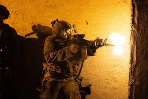 U.S. Soldier assigned to the 173rd Mobile Brigade Combat Team (Airborne) fires during exercise Saber Junction 26 at the Joint Multinational Readiness Center's Hohenfels Training Area, Germany, Sept. 5, 2026. 7th Army Training Command provides a unique environment in Europe to develop leaders and formations who are prepared for large-scale combat operations, improving readiness. (U.S. Army photo by Spc. Jordan Leroy)