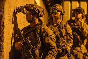 U.S. Soldiers assigned to the 173rd Mobile Brigade Combat Team (Airborne) hold a defensive position during exercise Saber Junction 26 at the Joint Multinational Readiness Center's Hohenfels Training Area, Germany, Sept. 5, 2026. 7th Army Training Command provides a unique environment in Europe to develop leaders and formations who are prepared for large-scale combat operations, improving readiness. (U.S. Army photo by Spc. Jordan Leroy)