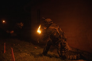 U.S. Soldier assigned to 1st Battalion, 4th Infantry Regiment, return fire during exercise Saber Junction 26 at the Joint Multinational Readiness Center's Hohenfels Training Area, Germany, Sept. 5, 2026. The 7th Army Training Command provides a unique environment in Europe to develop leaders and formations prepared for large-scale combat operations, improving readiness. (U.S. Army photo by Pfc. William Justus)