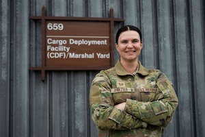 U.S. Air Force Tech. Sgt. Rebecca Frazier, 100th Logistics Readiness Squadron section chief of air transportation functions, poses for a photo at RAF Mildenhall, England, Sept. 2, 2026.