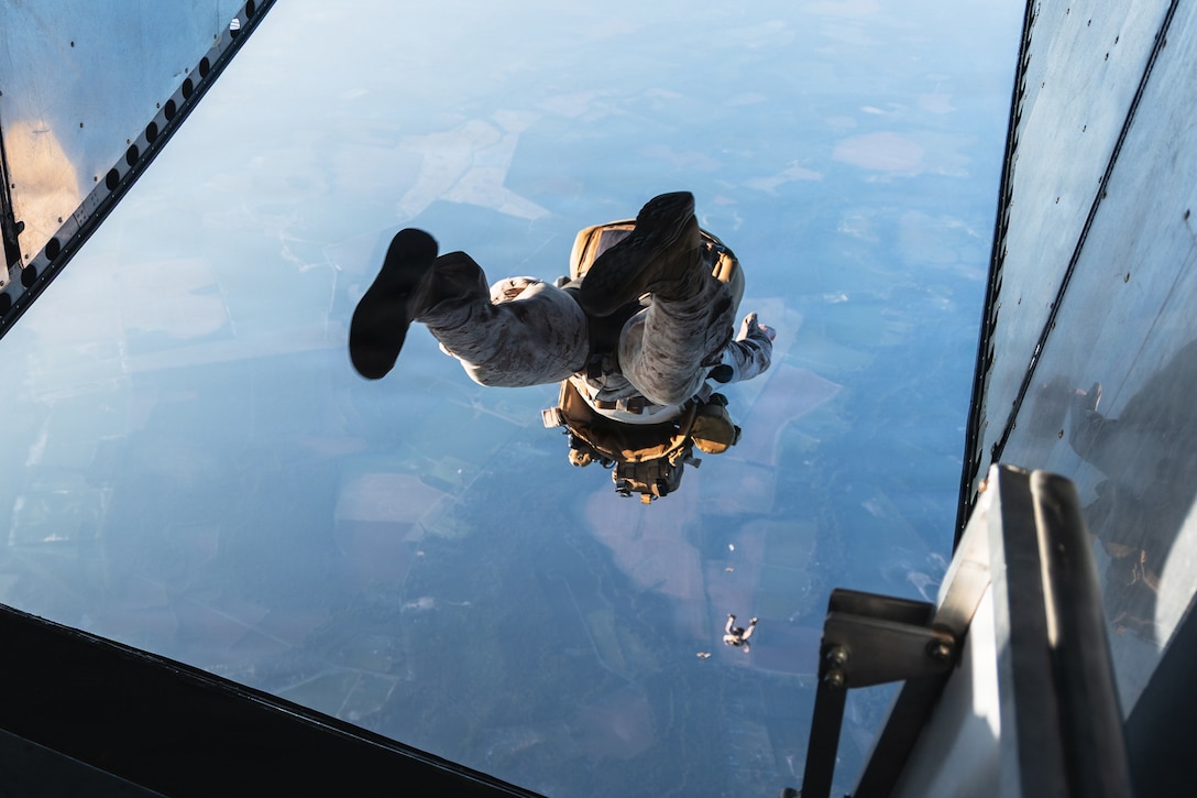 A U.S. Marine with Maritime Raid Force, 26th Marine Expeditionary Unit, conducts a freefall jump during a military freefall sustainment at Raeford, North Carolina, Sept. 3, 2026. Military freefall sustainments are necessary to conduct parachute operations in support of the 26th MEU’s upcoming deployment. (U.S. Marine Corps photo by Cpl. Osmar VasquezHernandez)