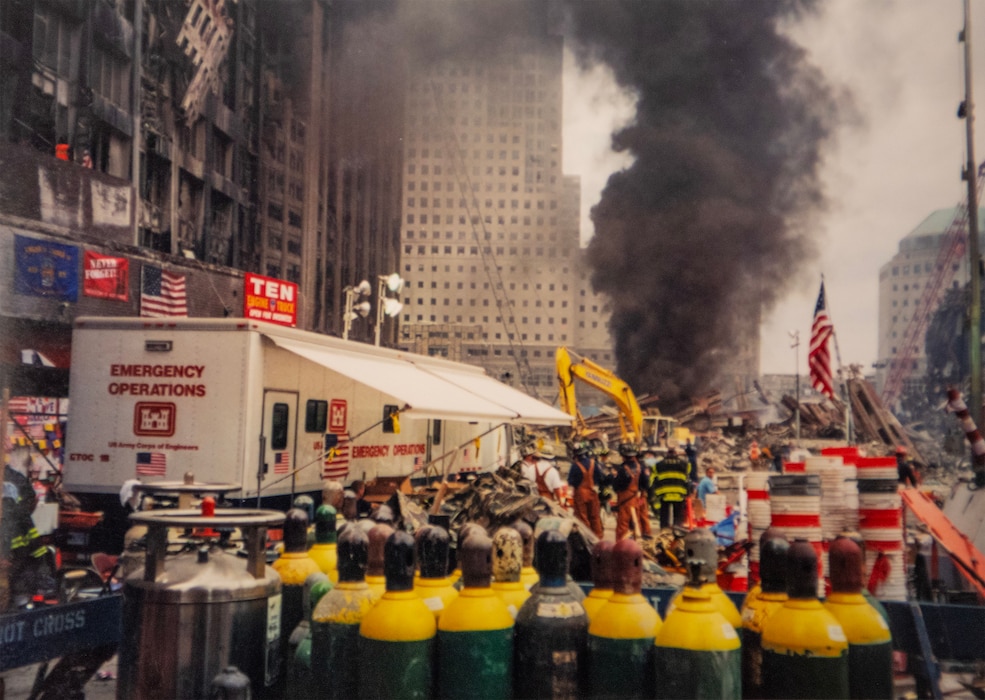 A U.S. Army Corps of Engineers emergency operations trailer is seen near the site of Ground Zero in New York City following the attacks on Sept. 11, 2001.