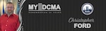 Man wearing red shirt poses for photo. Text on graphic reads: My DCMA Remembering 25 years Christopher Ford.