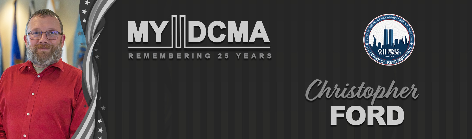 Man wearing red shirt poses for photo. Text on graphic reads: My DCMA Remembering 25 years Christopher Ford.