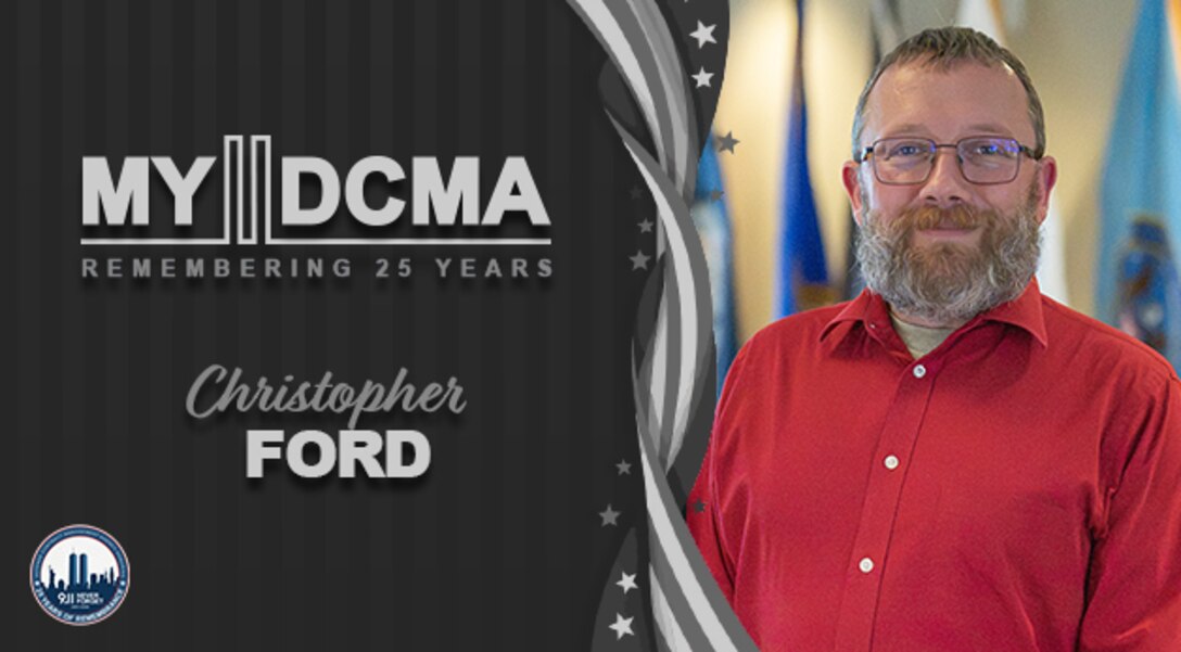 Man wearing red shirt poses for photo. Text on graphic reads: My DCMA Remembering 25 years Christopher Ford.