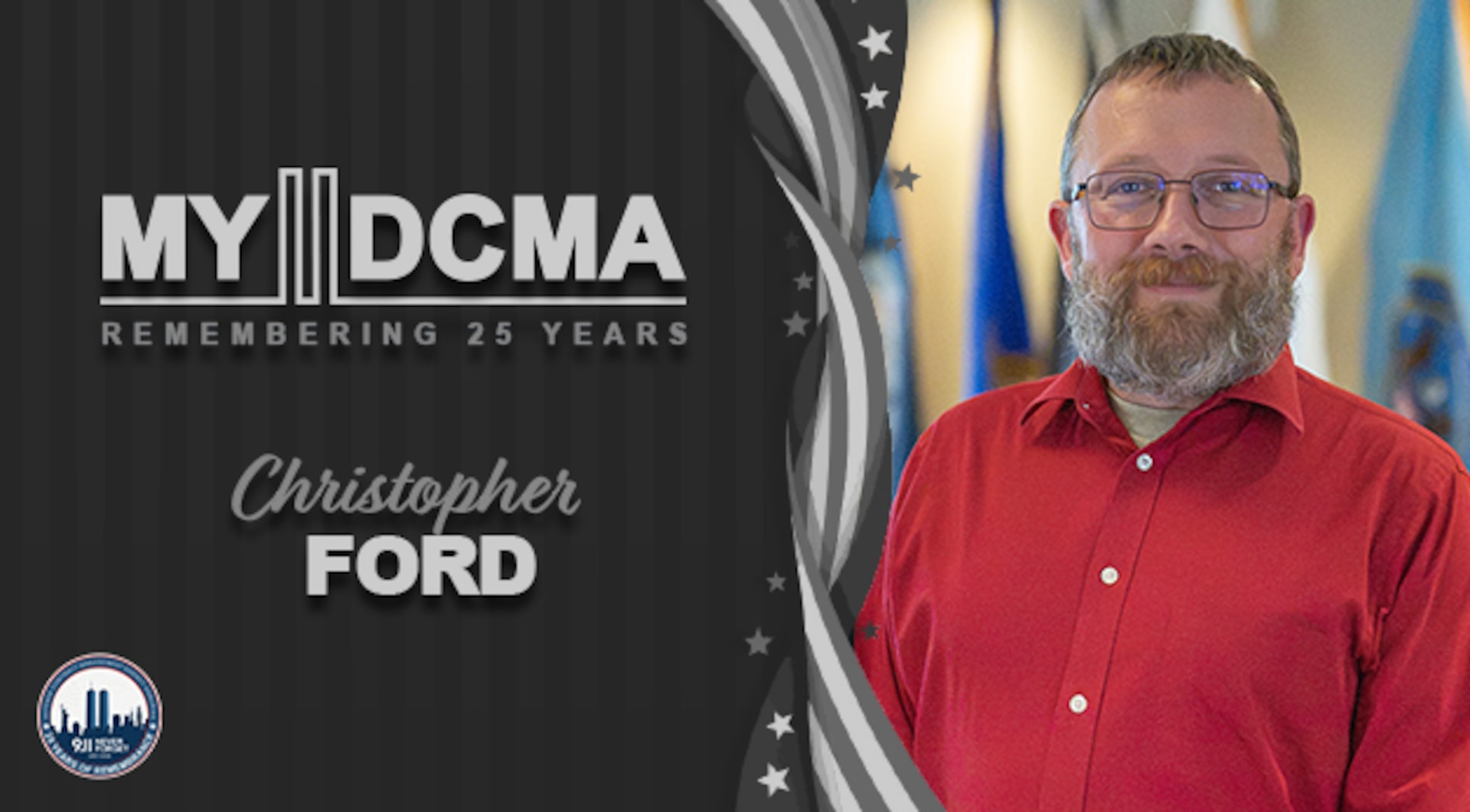 Man wearing red shirt poses for photo. Text on graphic reads: My DCMA Remembering 25 years Christopher Ford.