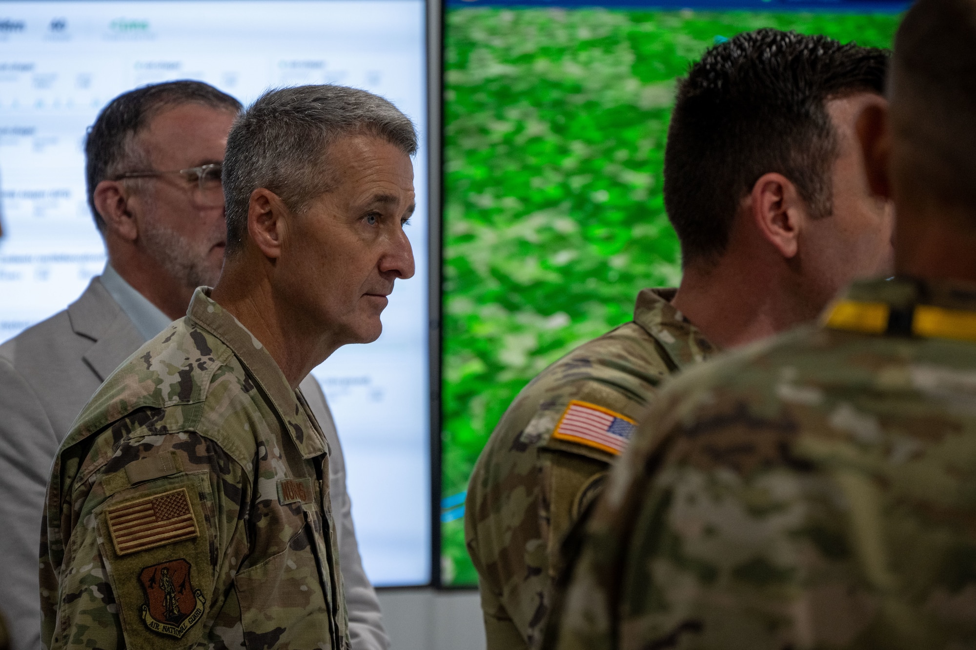 U.S. Air Force Gen. Steven S. Nordhaus, the 30th Chief of the National Guard Bureau watches a presentation during Technology Readiness Experimentation (T-REX) in Grand Forks, North Dakota, Aug. 27, 2026. T-REX provides an operationally relevant environment to evaluate emerging technologies, identify capability gaps and gather feedback from warfighters before systems are fielded. (U.S. Air National Guard photo by Staff Sgt. John Macera)