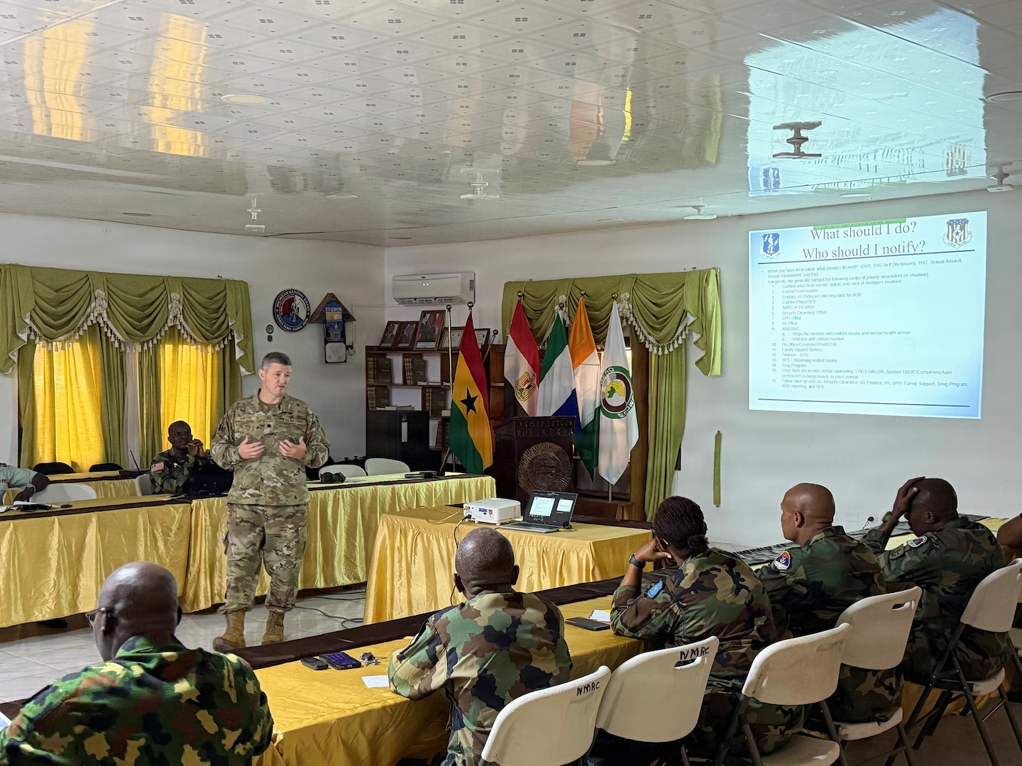 U.S. Air Force Lt. Col. David Hunter, assigned to the 110th Wing, Battle Creek Air National Guard Base, Michigan, discusses the status of discipline briefing with legal professionals from the Armed Forces of Liberia, Republic of Sierra Leone Armed Forces and Nigerian Armed Forces during an exchange of ideas involving maintaining good order and discipline within the armed forces, in Monrovia, Liberia, Sept. 1, 2026.