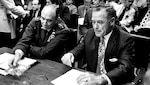 Sitting side by side, then-Air Force Chief of Staff Gen. John Ryan and recently fired Maj. Gen. John Lavelle testified before a House Armed Services subcommittee in 1972.