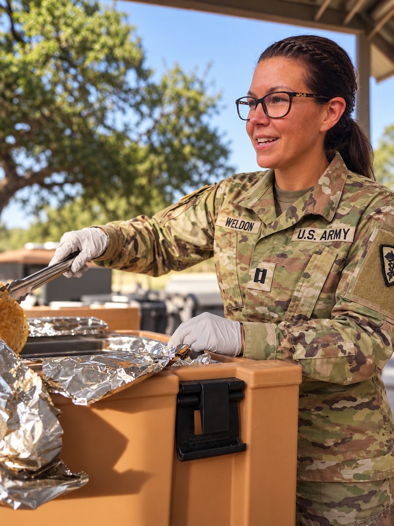 U.S. Army Capt. Genevieve Weldon, Army Service Lead for the Medical Education and Training Campus (METC) Nutrition and Diet Therapy course, supports Soldiers’ nutrition and readiness during a field training exercise. Capt. Weldon was recently awarded the 2026 Commission on Dietetic Registration Doctoral Scholarship through the Academy of Nutrition and Dietetics Foundation.