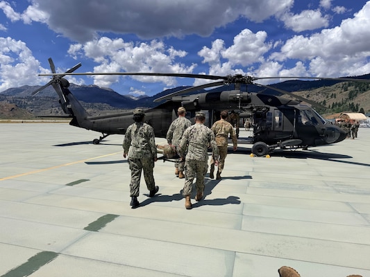 Hospital corpsmen assigned to Navy Medicine Readiness and Training Detachment Bridgeport assist Nevada Army National Guard personnel during air medical evacuation familiarization training at the Marine Corps Mountain Warfare Training Center in Bridgeport, California, July 15, 2026. The training provided participants hands-on experience with helicopter casualty loading and hoisting procedures in a high-altitude environment. (Courtesy photo).
