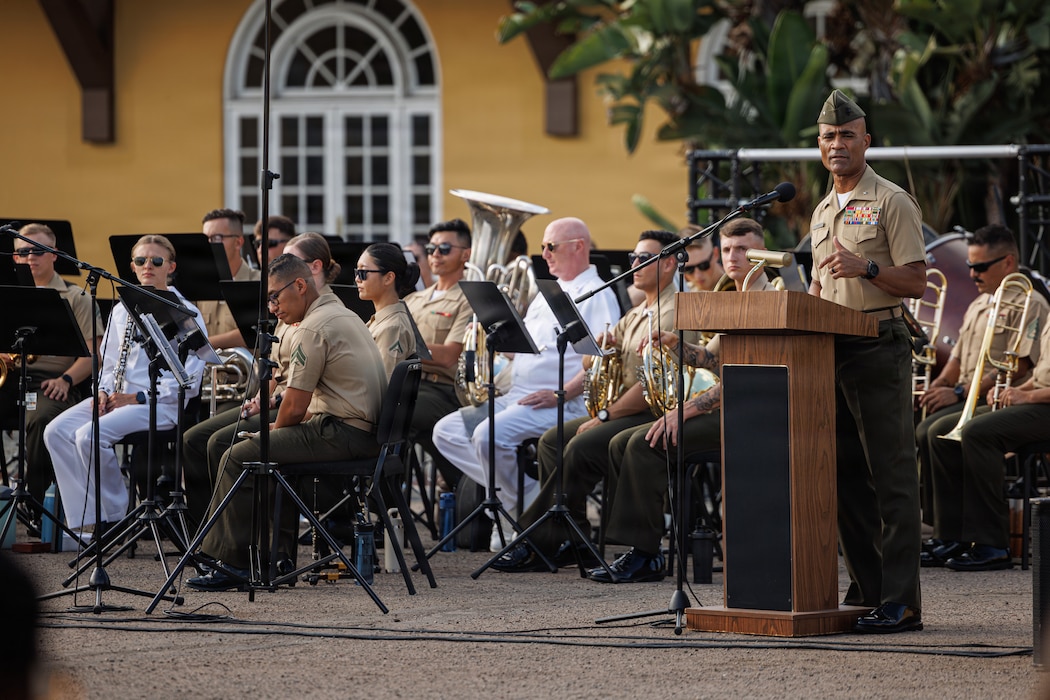 U.S. Marine Corps Brig. Gen. David C. Hyman, the commanding general of Marine Corps Recruit Depot San Diego and the Western Recruiting Region, gives a speech before the annual Summer Concert performance at MCRD San Diego, California, Aug. 12, 2026. MCRD San Diego hosted its annual Summer Concert and Commanding General’s Reception, inviting permanent personnel, dependents, visitors and distinguished guests to enjoy a musical performance, build camaraderie and celebrate the summer season. (U.S. Marine Corps photo by Lance Cpl. Kevin Alonso)