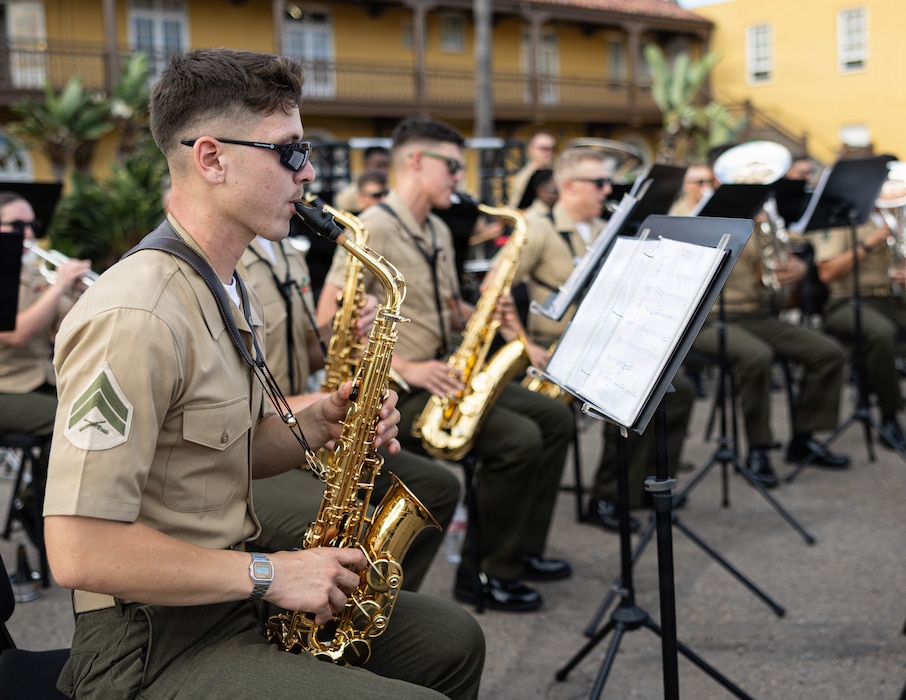 U.S. Marine Corps Cpl. David Anderson, a saxophone instrumentalist with Marine Band San Diego, Marine Corps Recruit Depot San Diego and the Western Recruiting Region, performs during the annual Summer Concert performance at MCRD San Diego, California, Aug. 12, 2026. MCRD San Diego hosted its annual Summer Concert and Commanding General’s Reception, inviting permanent personnel, dependents, visitors and distinguished guests to enjoy a musical performance, build camaraderie and celebrate the summer season. (U.S. Marine Corps photo by Lance Cpl. Kevin Alonso)