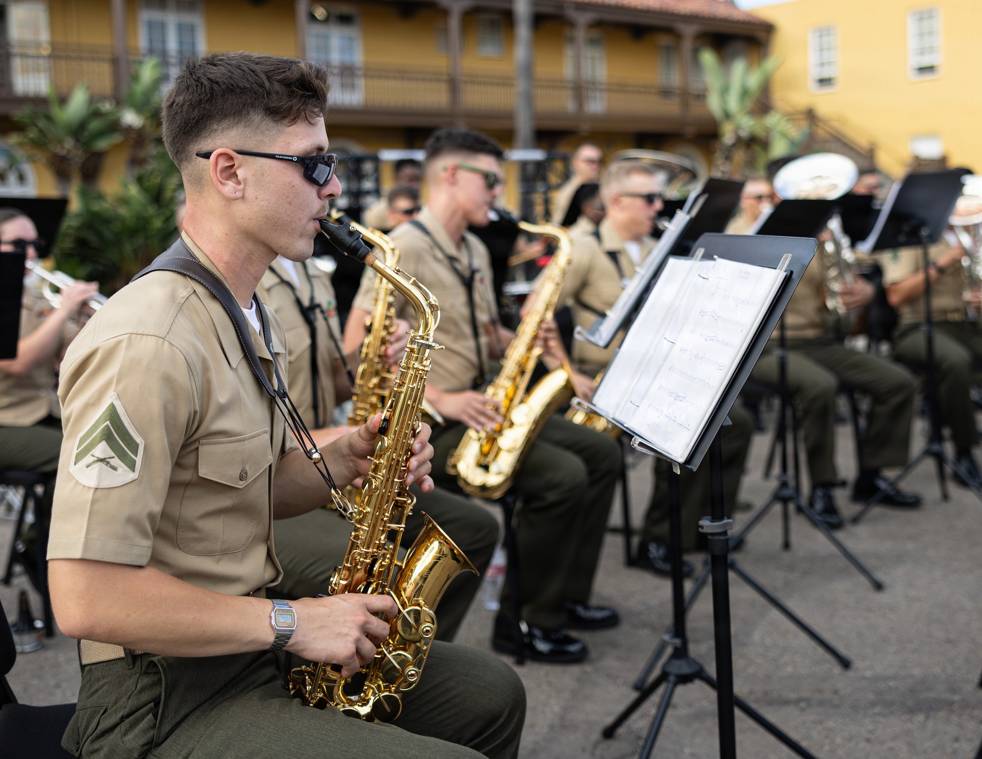 U.S. Marine Corps Cpl. David Anderson, a saxophone instrumentalist with Marine Band San Diego, Marine Corps Recruit Depot San Diego and the Western Recruiting Region, performs during the annual Summer Concert performance at MCRD San Diego, California, Aug. 12, 2026. MCRD San Diego hosted its annual Summer Concert and Commanding General’s Reception, inviting permanent personnel, dependents, visitors and distinguished guests to enjoy a musical performance, build camaraderie and celebrate the summer season. (U.S. Marine Corps photo by Lance Cpl. Kevin Alonso)