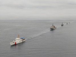 From left to right, U.S. Coast Guard fast response cutter USCGC Robert Ward (WPC 1130), Mexican navy ARM Jalisco, Ecuadorian navy BAE Loja, Colombian navy coastal patrol vessel ARC Isla Gorgona, and the Panamanian National Aeronaval Service Panquiaco (P-301) perform a formation sailing exercise in the Pacific Ocean near Panama, during PANAMAX 2026, Aug. 6, 2026. PANAMAX 2026 scenarios help the defense and public security forces of participating nations improve interoperability, hone their skills during scenarios involving coalition and all-domain operations, forge strong cooperative partnerships, and demonstrate their collective capacity to respond to and deter threats to the region and its critical waterways. (U.S. Coast Guard photo by Petty Officer 3rd Class William Kirk)