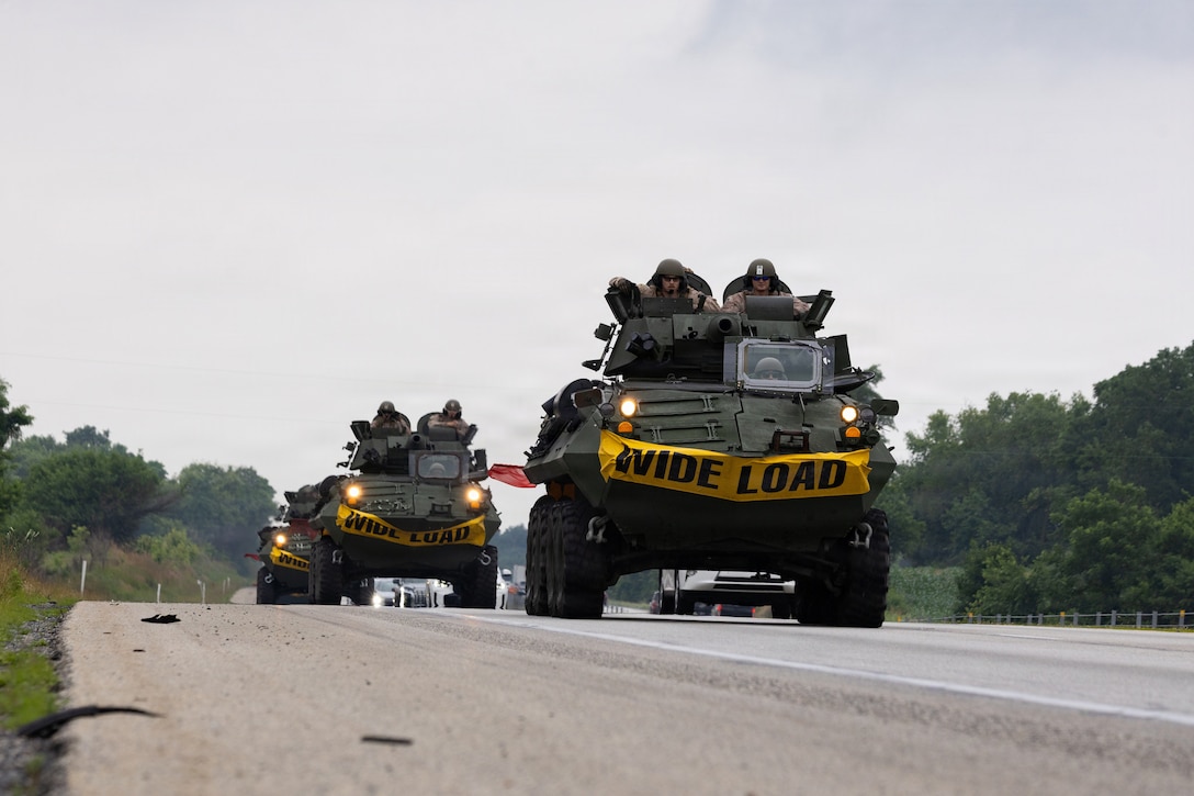 U.S. Marine Corps light armored vehicles assigned to the 4th Light Armored Reconnaissance Battalion, 4th Marine Division, Marine Forces Reserve, conduct a convoy during a Reserve Mobilization Exercise, Maryland, June 29, 2026. The week-long exercise validates the battalion's ability to rapidly activate personnel and equipment, ensuring the unit can deliver ready forces in response to a national crisis.